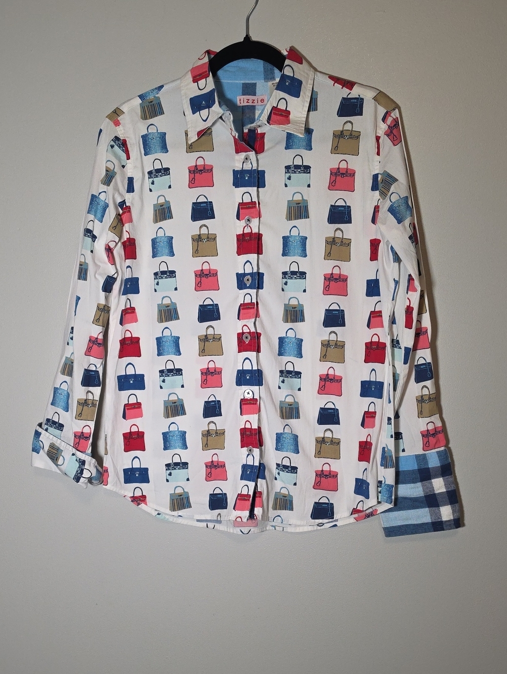 tizzie White Button-Down Shirt with Multicolor Handbag Print